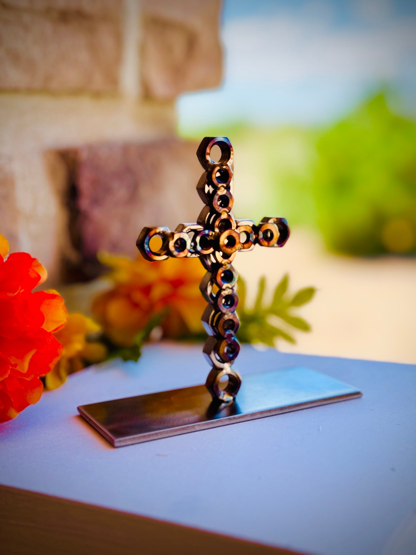 Hand Crafted Metal Nut Cross