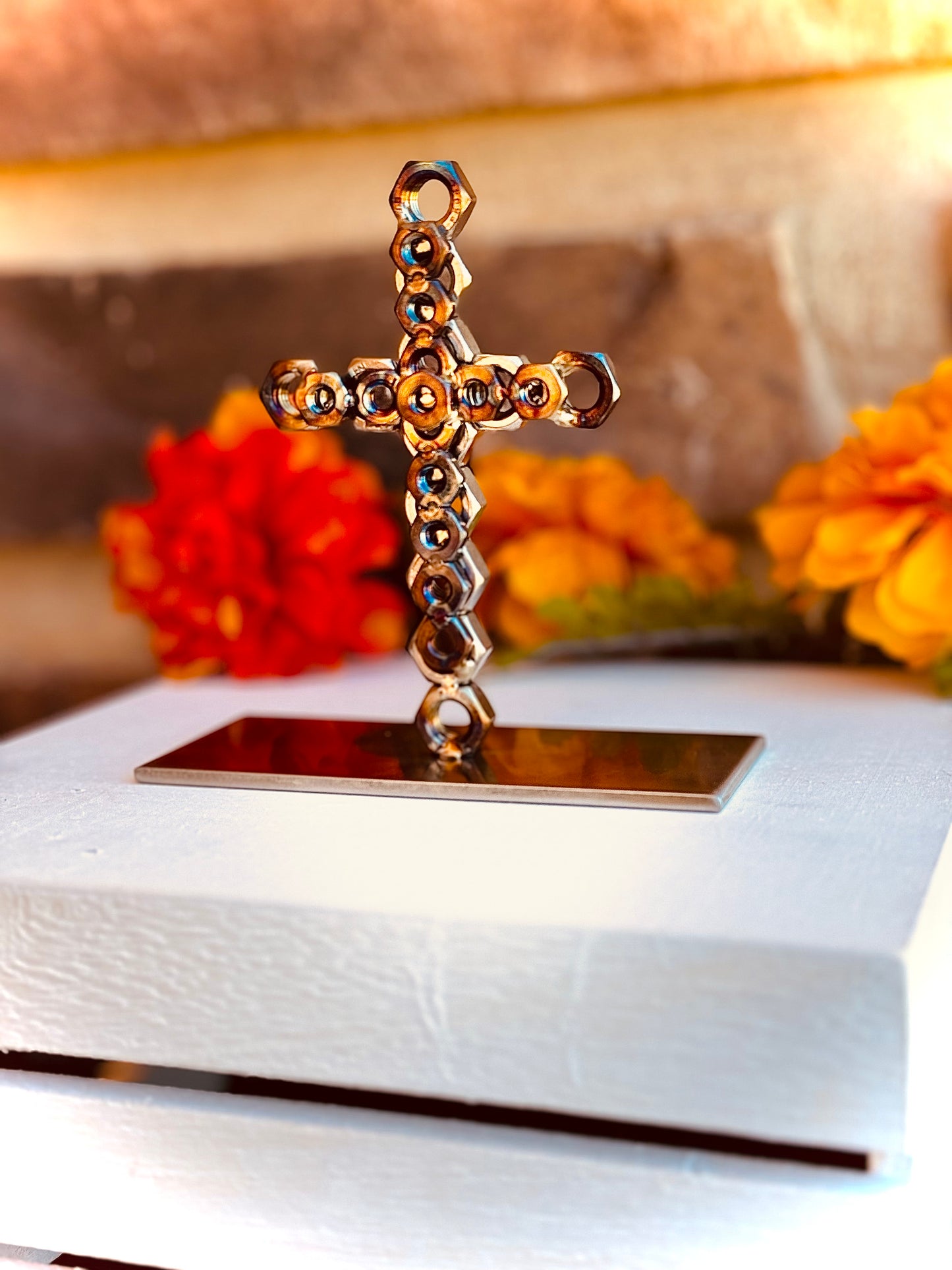 Hand Crafted Metal Nut Cross