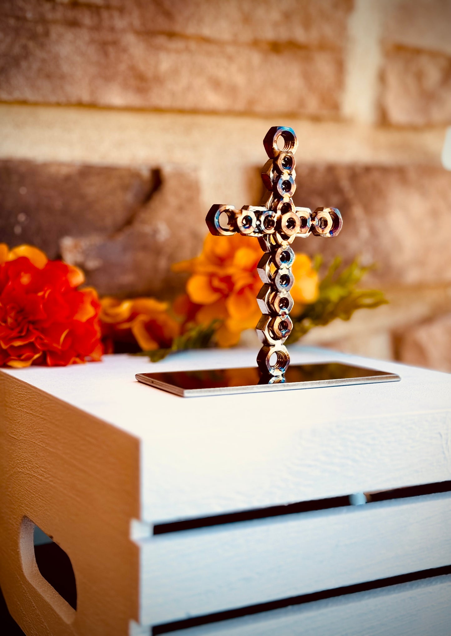 Hand Crafted Metal Nut Cross